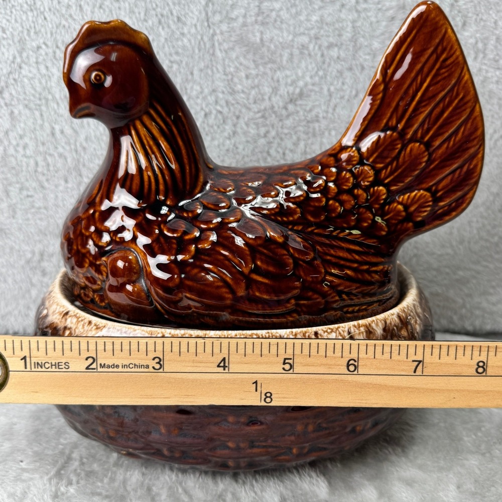 Vintage Hull Pottery Brown Drip Hen on Nest Covered Casserole Dish USA - Picture 7 of 16